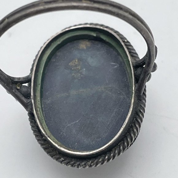 Sterling Steel Oval Shape Blue Gemstone Black Onyx Rope Cabochon Finger Ring - Picture 6 of 6